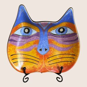😻 VTG LAUREL BURCH WINE THINGS CAT FACE TRINKET DISH ORANGE BLUE 2007